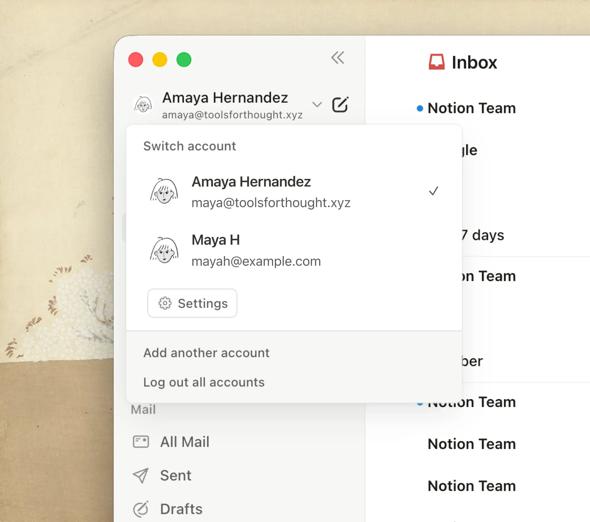 أكثر من حساب على Notion Mail