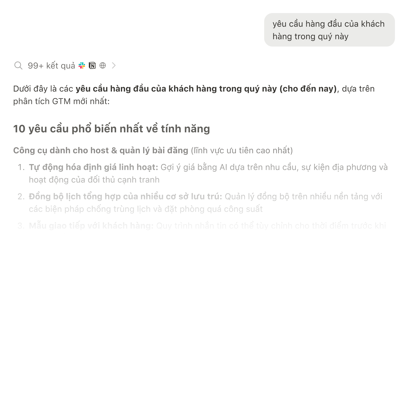 Kết quả tìm kiếm hiển thị thông tin từ Slack, Google Drive và Jira